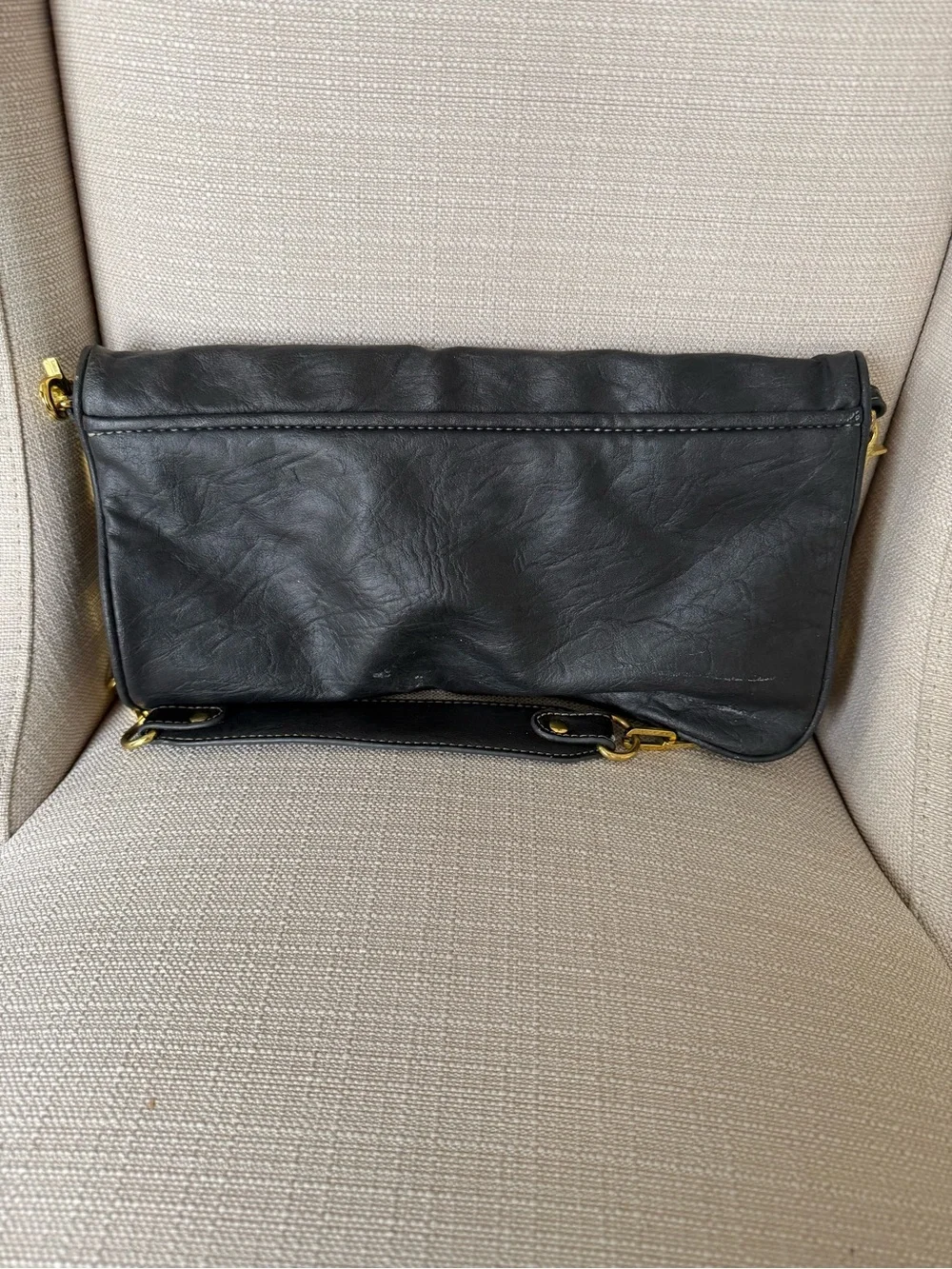 Tory Burch Reva Fold Over Clutch Black Leather Shoulder Bag Gold Logo